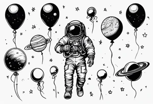 astronaut holding in hand  several balloons but balloons are planets tattoo idea