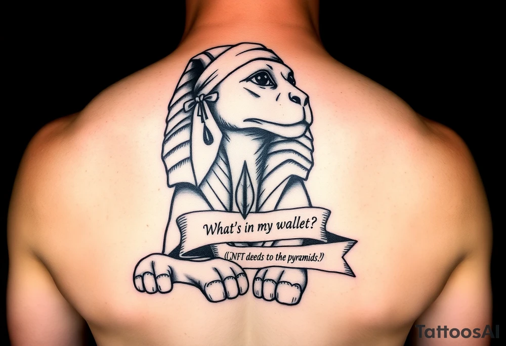 "Sphinx wearing a bandana, teardrop tattoo under its eye. Riddle scroll says: 'What’s in my wallet? (Answer: NFT deeds to the pyramids)'.  

Style: Prison tattoo meets hieroglyph carving. Black ink, chest piece." tattoo idea