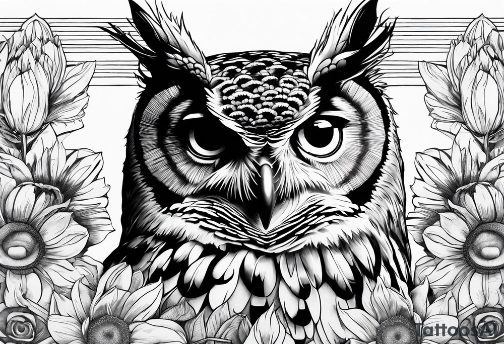Owl, sunflower, camera, book, peacock tattoo idea