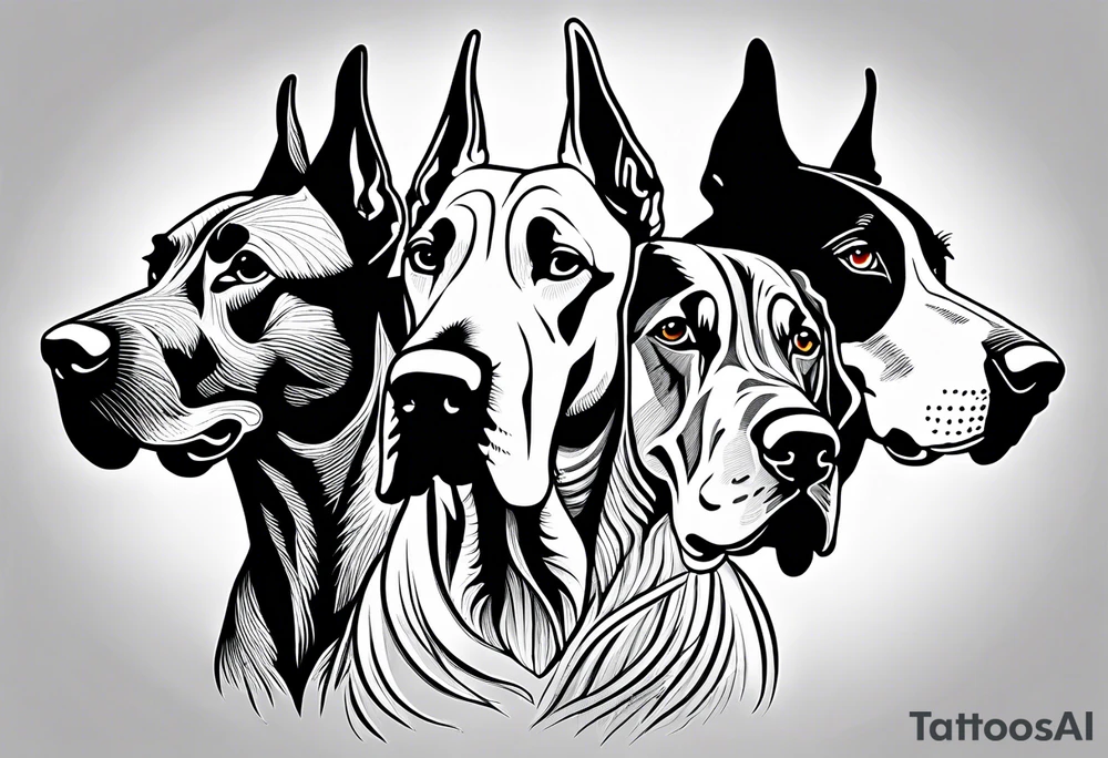 4 Great Dane heads together tattoo idea