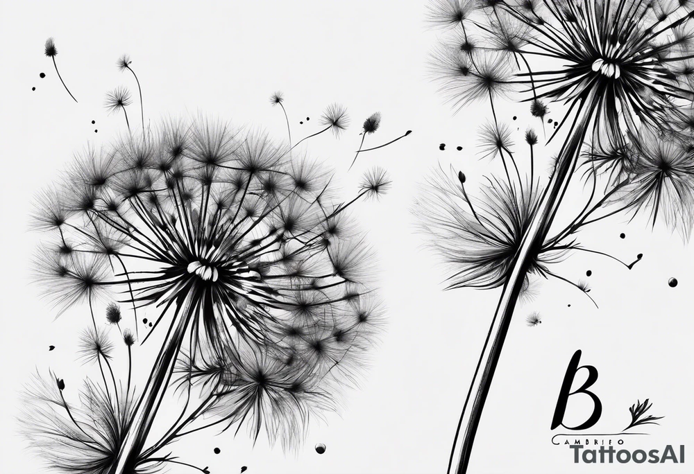 A fluffy dandelion with the stem coming out of the letter B in the name Cambria tattoo idea