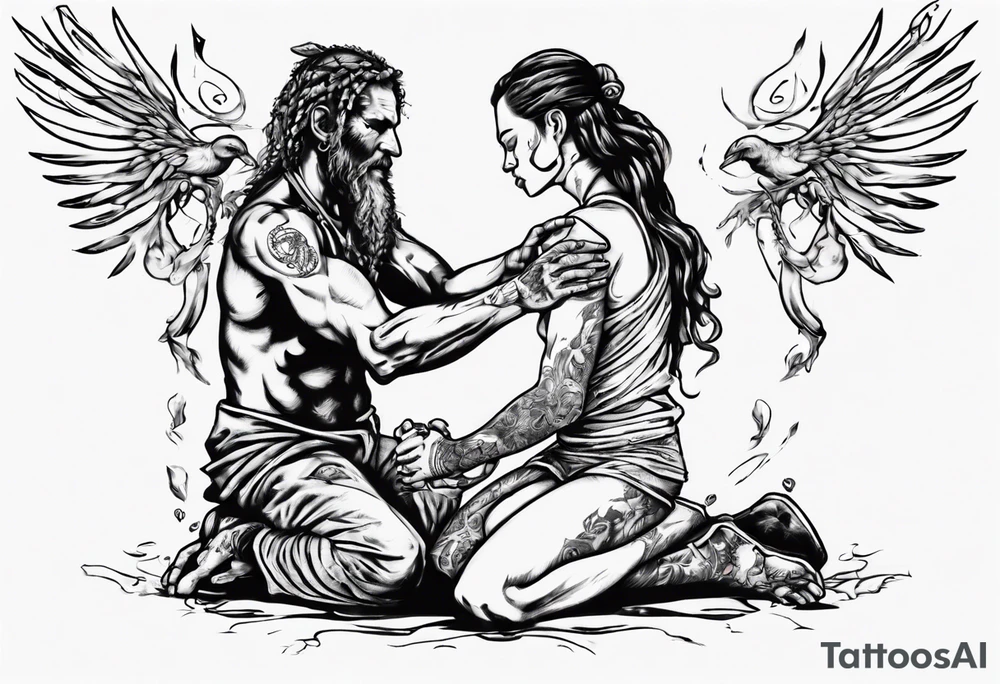 Peaceful warrior kneeling down on one knee. One hand is feeding the weak. One hand is holding the world up above his shoulders. tattoo idea