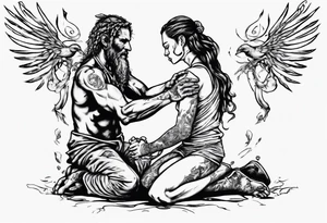 Peaceful warrior kneeling down on one knee. One hand is feeding the weak. One hand is holding the world up above his shoulders. tattoo idea