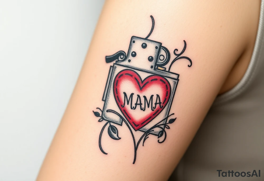 A traditional style tattoo design of a vintage zippo lighter with a traditional mom heart on the front with the words quote “MAMA” tattoo idea