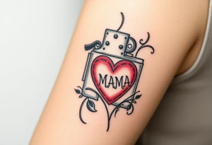 A traditional style tattoo design of a vintage zippo lighter with a traditional mom heart on the front with the words quote “MAMA” tattoo idea