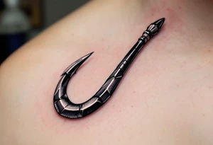 hark Tooth Hook – A sharp, menacing hook made of bone white with dark gray details, designed to resemble a shark tooth, symbolizing danger and the excitement of deep-sea fishing. tattoo idea