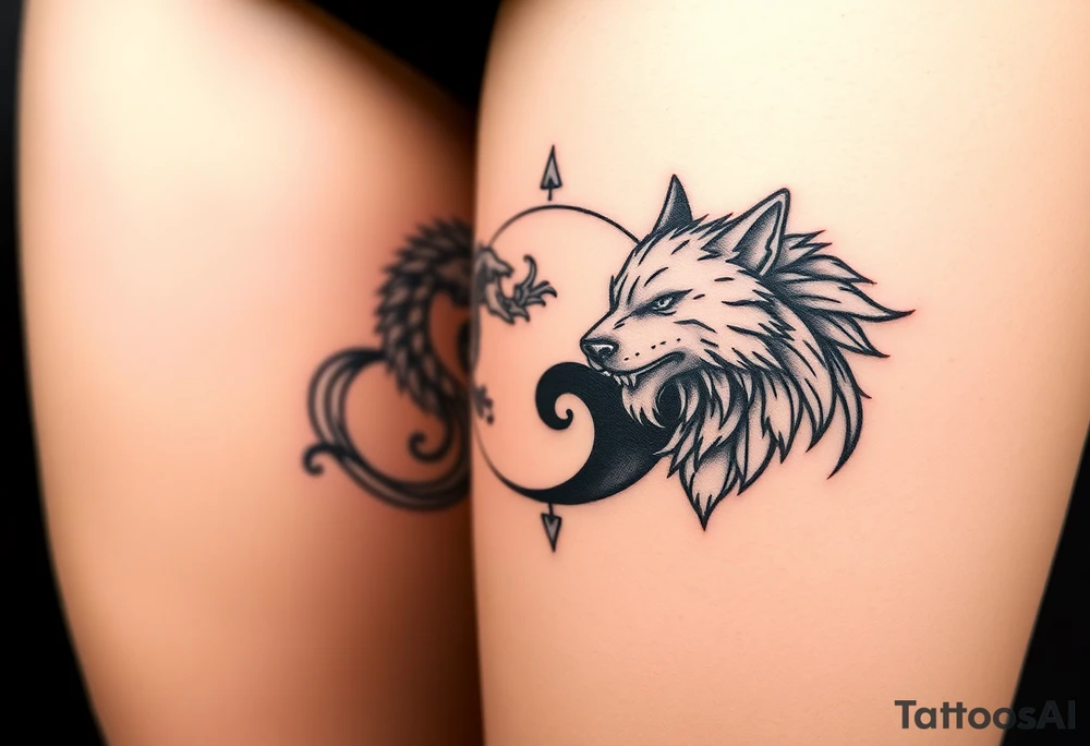 Ying yang symbol with one side a dragon and one side a wolf tattoo idea