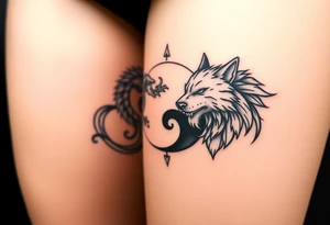 Ying yang symbol with one side a dragon and one side a wolf tattoo idea
