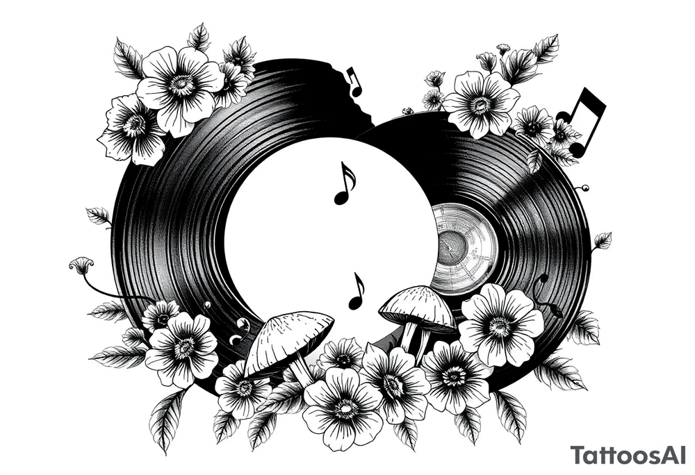 two vinyl records surrounded by flowers, mushrooms, and music notes tattoo idea