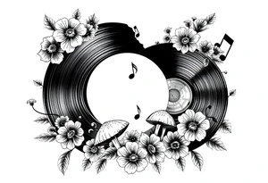 two vinyl records surrounded by flowers, mushrooms, and music notes tattoo idea