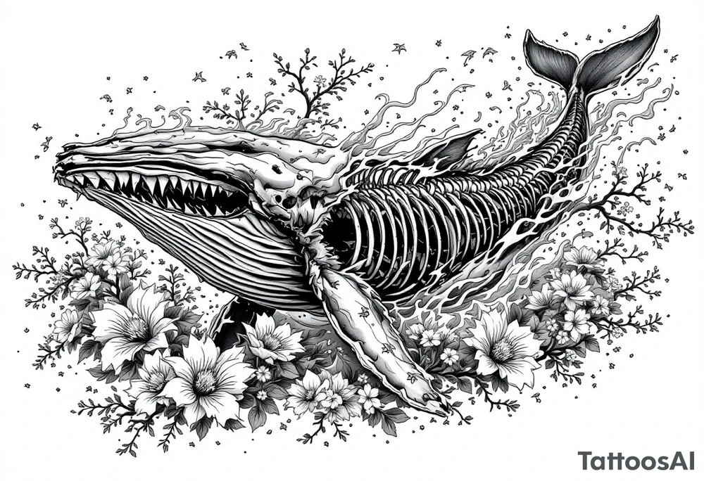 idea is basically a whale that's damaged and torn exposing the skeletal innerts, but it's still fiercely moving forward as hard as it can, swimming in waves and a bed of flower. contrasts, focus cherry blossoms, waves and fire tattoo idea