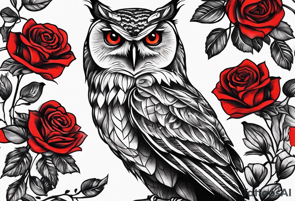 Owl with red roses tattoo idea