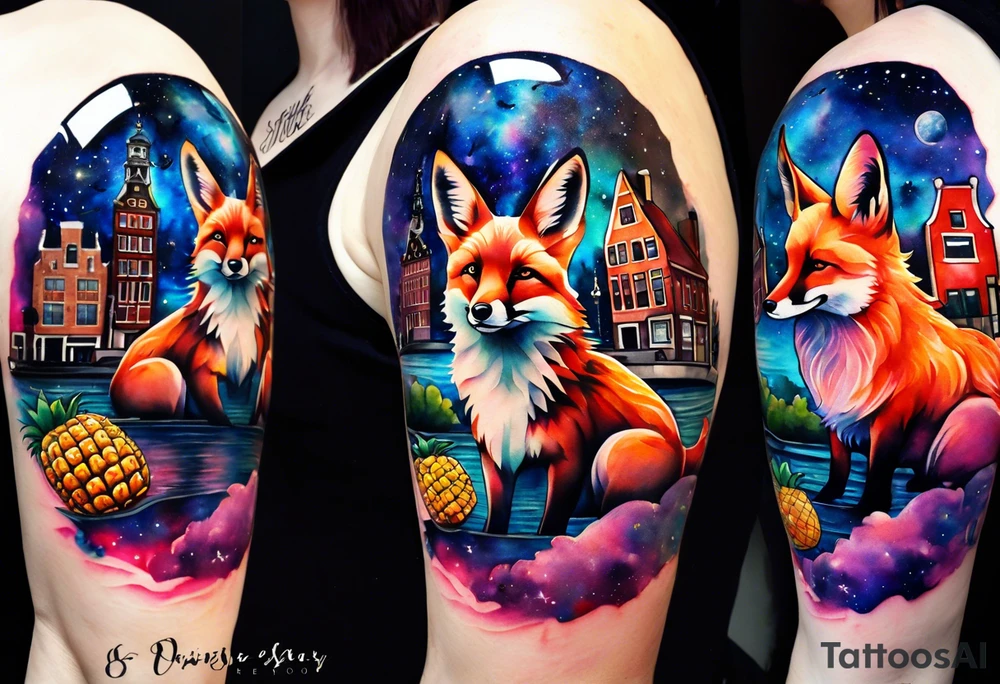 Arm tattoo, Animals, birds, stag, fox, watercolour of animals made from glass in Amsterdam featuring Amsterdam buildings and Amsterdam canal in galaxy colours featuring pineapples as space colours, galaxy colours, night sky, pineapples tattoo idea