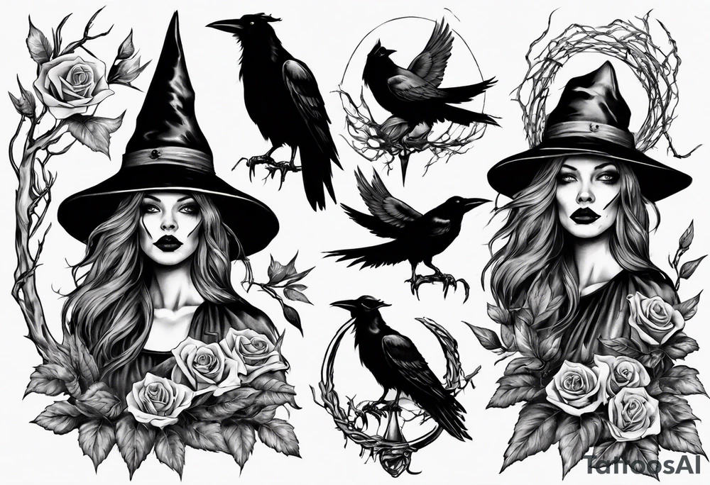 witch with crows, no roses or flowers tattoo idea