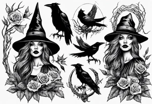 witch with crows, no roses or flowers tattoo idea