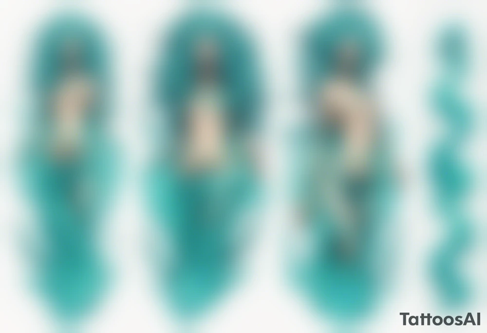 a tall woman made of water with turquoise hair surrounded by the ocean tattoo idea