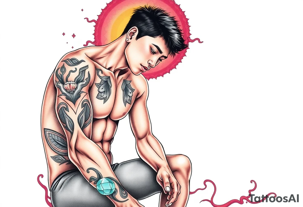 Handsome Asian young guy is standing on his knees and looking down tattoo idea