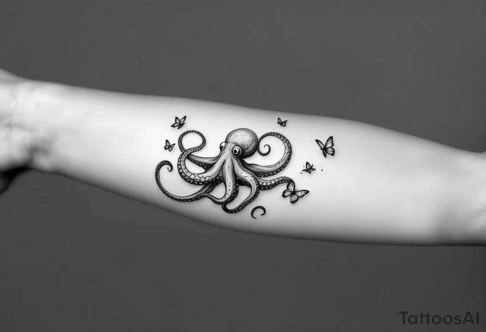 A small realistic black and grey tattoo of an octopus, cute, with detailed shading and soft linework, showing the octopus with swirling tentacles, on light skin. Butterflies flying around. The style is minimalistic and elegant, resembling fine-line tattoo with a shadow tattoo idea
