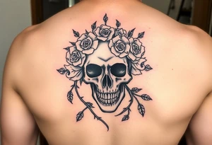 ornate skull adorned with crown of wild roses and thorns tattoo idea