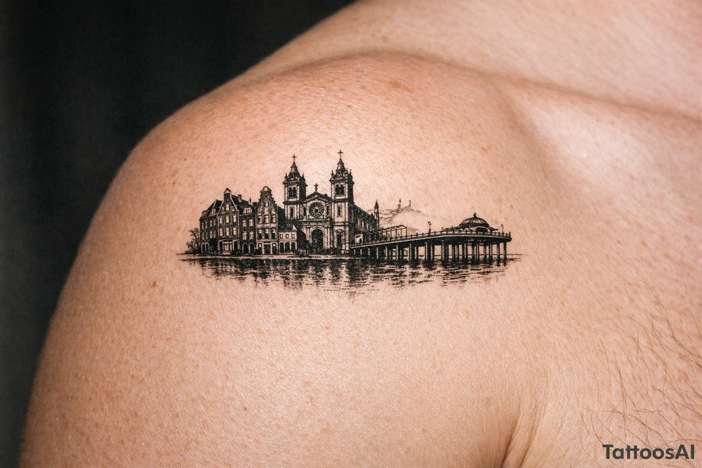 Cityscape silhouette of Amsterdam canal houses and Braga cathedral, with New Brighton pier. tattoo idea