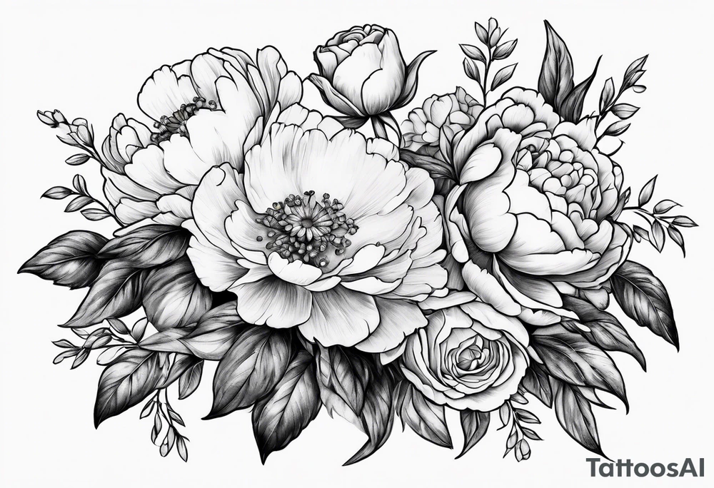 Bouquet, peonies, roses, daisies, forget me nots tattoo idea