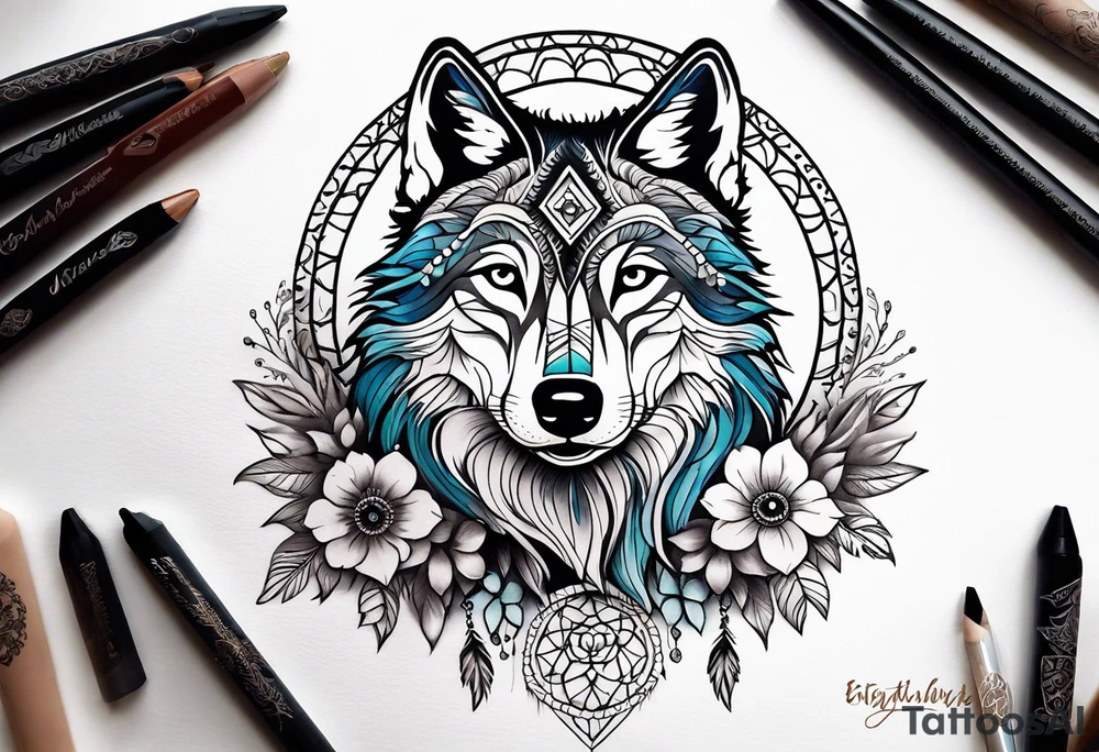 A whimsical wolf tattoo featuring mandala or dream catcher elements, with the wolf as the central focus, surrounded by mountains in the background. Include flowers and nature elements to fill the space around the wolf. Some color but not completely solid bold color tattoo idea