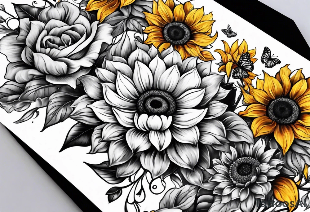 Arm sleeve with sunflowers and butterflies tattoo idea