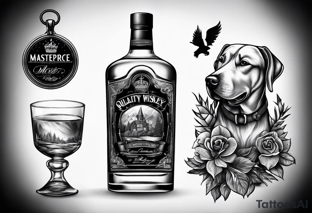 Canadian whiskey and glass and dog tags tattoo idea