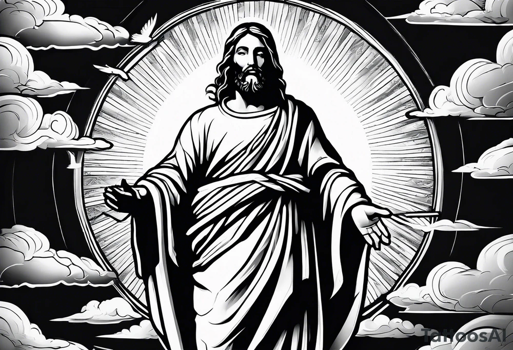 Jesus standing on a flight of stairs with clouds, sunshine and a dove in the background on the upper arm tattoo idea