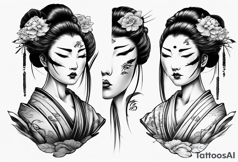 geisha face with two eyes closed and third realistic eye wide open tattoo idea
