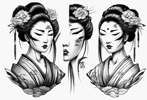 geisha face with two eyes closed and third realistic eye wide open tattoo idea