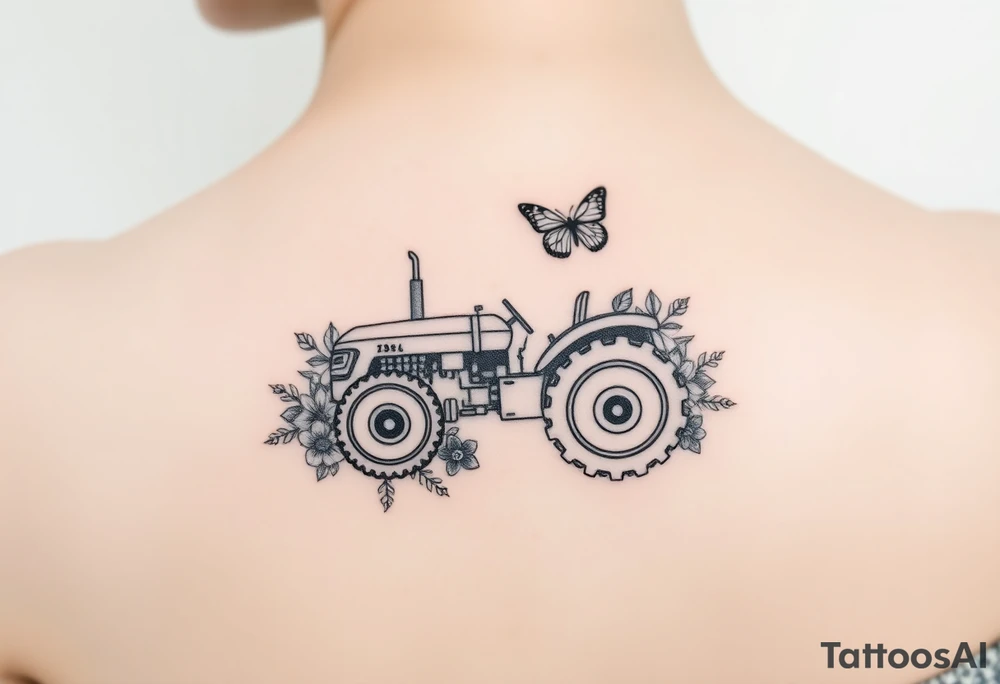 A tractor surrounded by flowers and butterfly that's very delicate and femin6 tattoo idea
