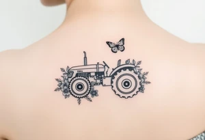 A tractor surrounded by flowers and butterfly that's very delicate and femin6 tattoo idea
