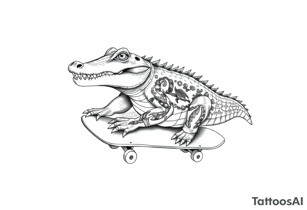 crocodile riding a skateboard with piercings and tattoos tattoo idea