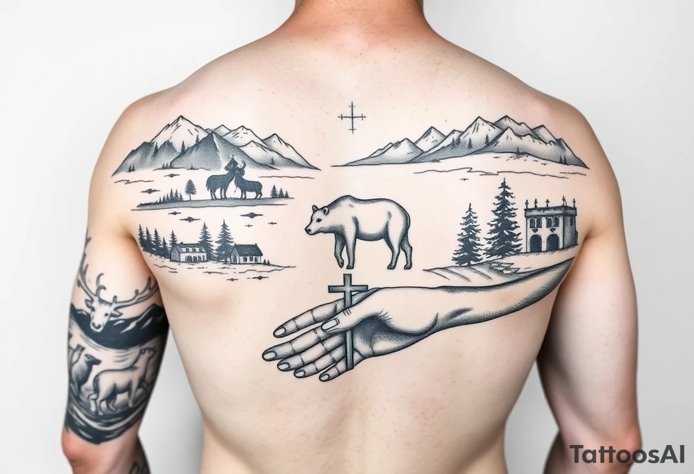 A full-armsleeve with the Härjedalen landscape, reindeer, bear, lakes, mountains (Helags), cross and Härjedalen's coat of arms on the hand tattoo idea