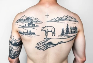 A full-armsleeve with the Härjedalen landscape, reindeer, bear, lakes, mountains (Helags), cross and Härjedalen's coat of arms on the hand tattoo idea