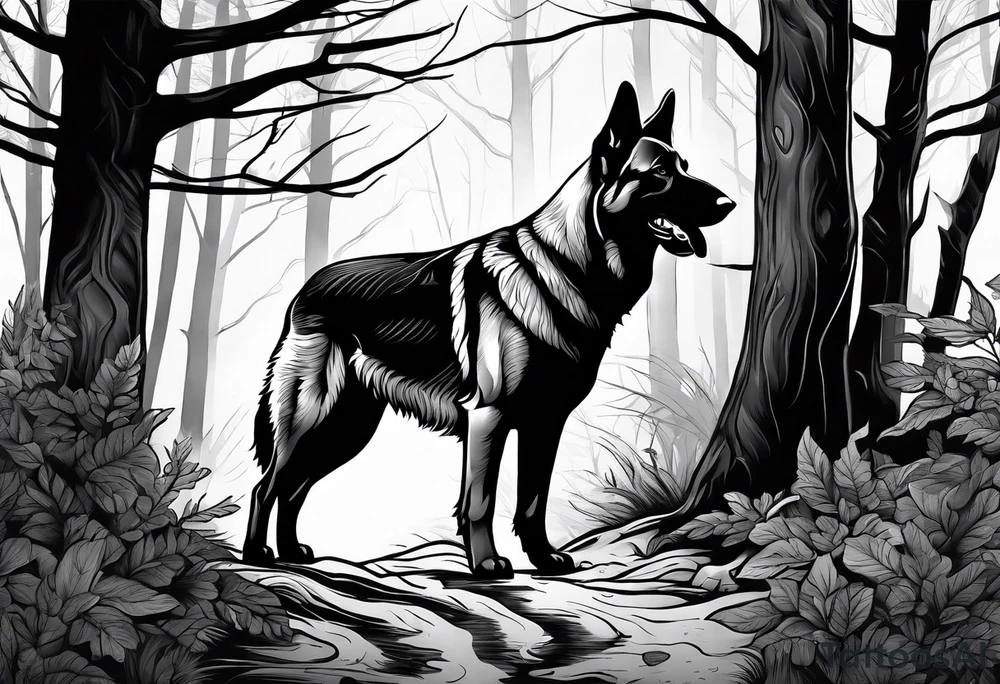 German shepherd dog walking in a forest tattoo idea