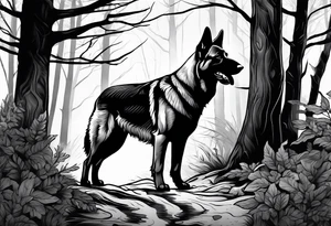 German shepherd dog walking in a forest tattoo idea