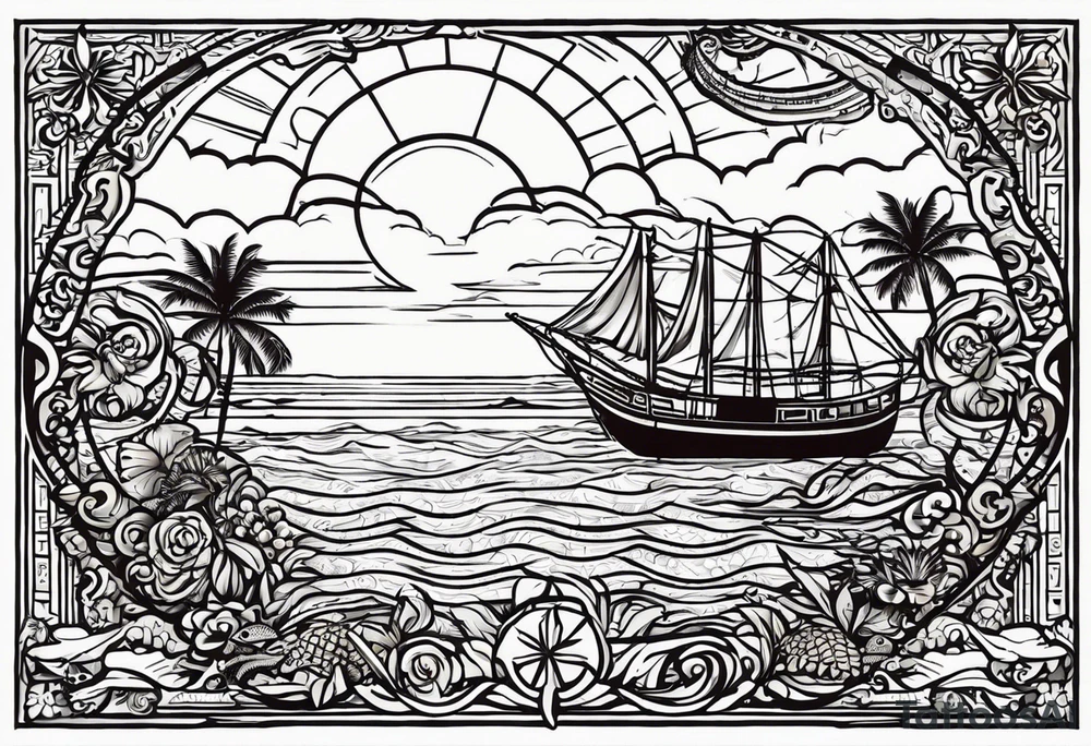 I want a tattoo resembling the Philippines. The frame of the tattoo will be the outlines of the Philippine sun (from the flag). Inside of the sun there shall be a seaturtle and a jeepney. Optionally there can be a Kubo, a buko and/or a Philippine eagle. The turtle and the jeepney may stick out of the frame. tattoo idea