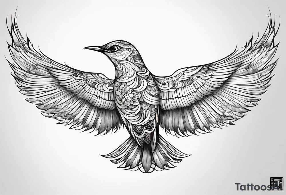 Flying bird on shoulder blade, medium size, with flowing lines tattoo idea