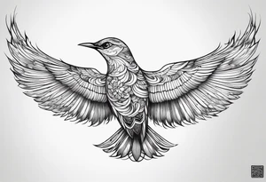 Flying bird on shoulder blade, medium size, with flowing lines tattoo idea