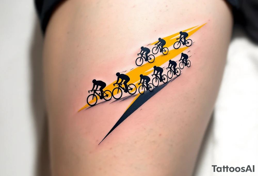 A peloton of cyclists forming a thunderbolt shape, with dynamic black and yellow tones to represent energy and competition. tattoo idea