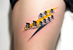 A peloton of cyclists forming a thunderbolt shape, with dynamic black and yellow tones to represent energy and competition. tattoo idea