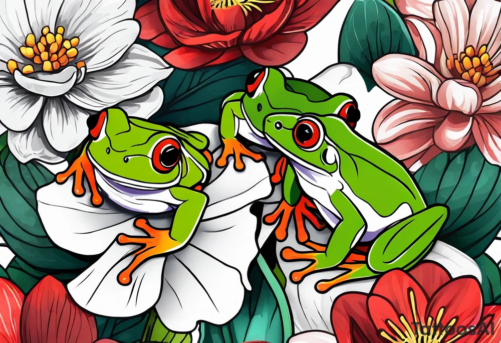 2 Red-eye tree frogs sitting on a flower tattoo idea