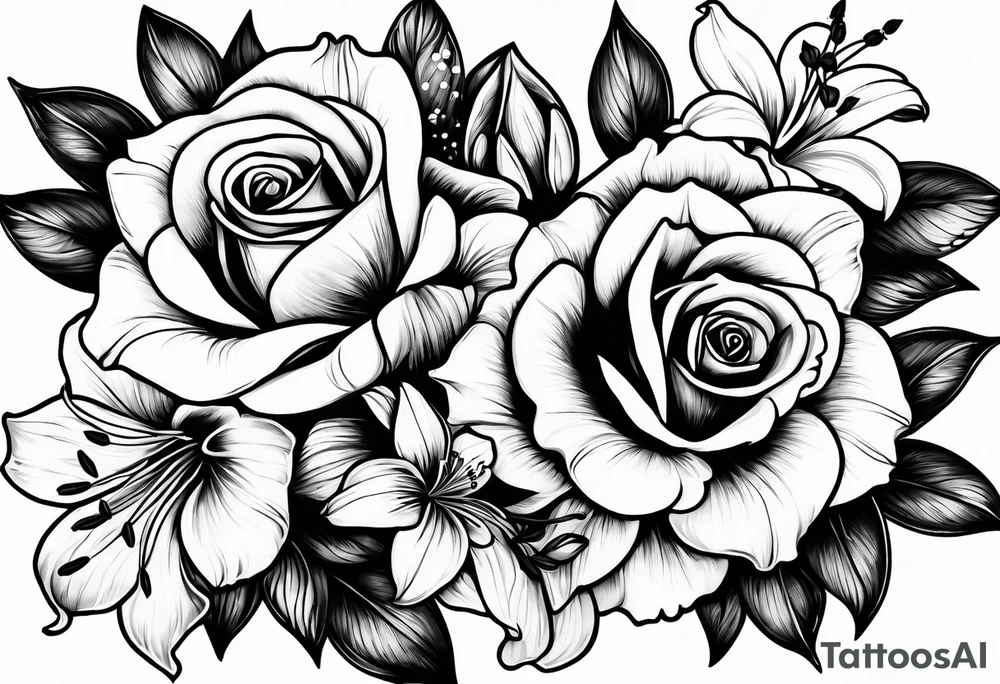 Rose, lily, gladioli, cherry blossom, forget me nots tattoo idea