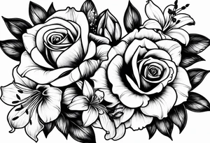 Rose, lily, gladioli, cherry blossom, forget me nots tattoo idea
