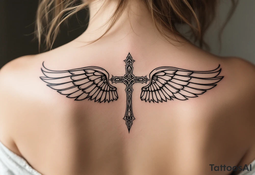 A mimimalist Celtic cross with angel wings unfolding behind it tattoo idea