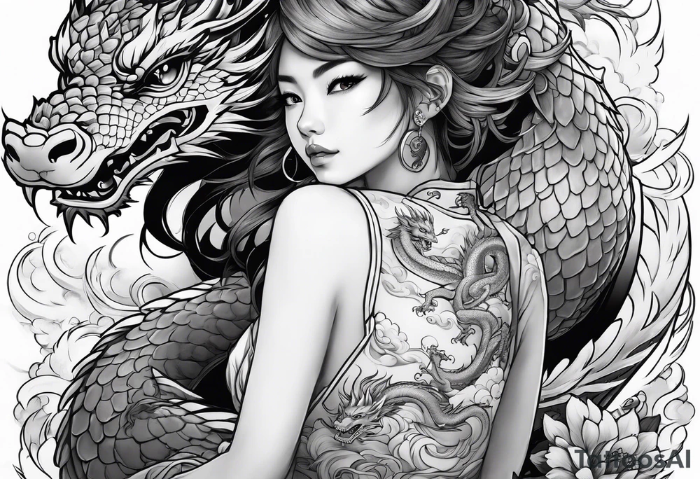 american traditional style of tattoo, an anime girl sitting on a asian dragon surrounded by cloud tattoo idea