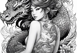 american traditional style of tattoo, an anime girl sitting on a asian dragon surrounded by cloud tattoo idea