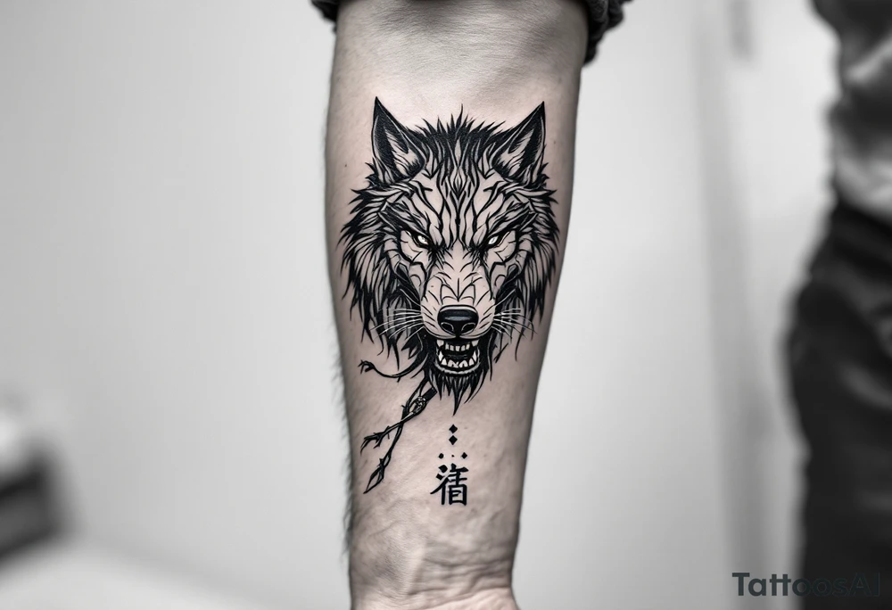 忠 (zhōng, “loyalty”) in steel blue beside a wolf or lion denotes honor and devotion. tattoo idea